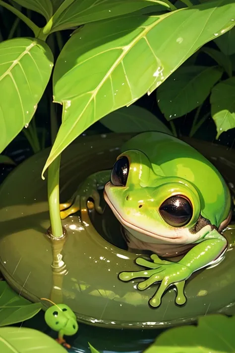 cute frog、taking shelter from the rain under a leaf