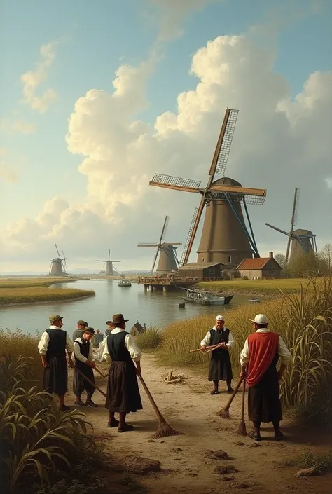 Title: The Battle of the Dutch with the Sea
Foreground:
* A group of determined Dutch engineers and workers, dressed in traditio...