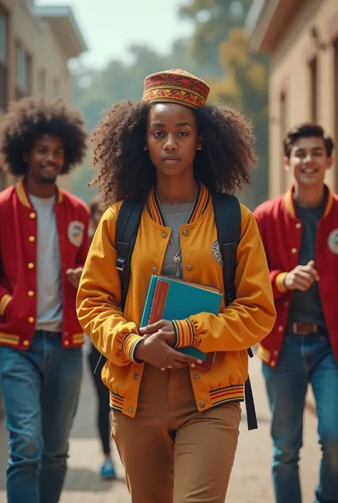 A dramatic school courtyard scene. A  Black girl with warm brown skin and soft, natural textured curls is walking forward holdin...