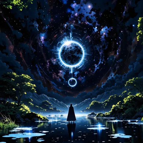 dark night with mold、Night sky with lots of stars twinkling、２beautiful planets are falling、Big Forest、lake、
