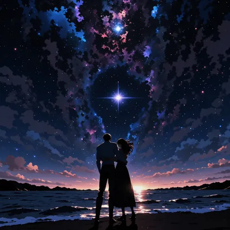 dark night with mold、Night sky with lots of stars twinkling、２Two large planets、A big shining planet is falling from the right、a ...