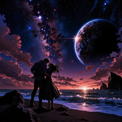 dark night with mold、Night sky with lots of stars twinkling、２Two large planets、A big shining planet is falling from the right、a ...