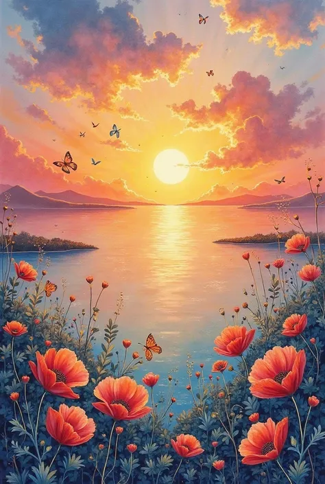 Sunset over a watercolor landscape,masterpiece quality,wet-on-wet technique,gold sparkles,gold leaf effect, aquarelle heavy pape...