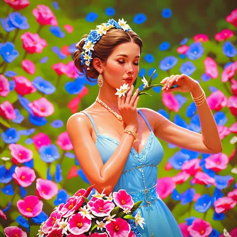 A very Beautiful American girl, 20-year-old, with modern dress standing in front of a flower shop and smelling a flower bouquet ...