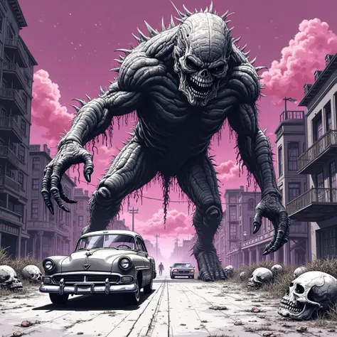 Create an illustration of a giant and bizarre monster attacking a city, detail in the American comic book style, in purples and ...