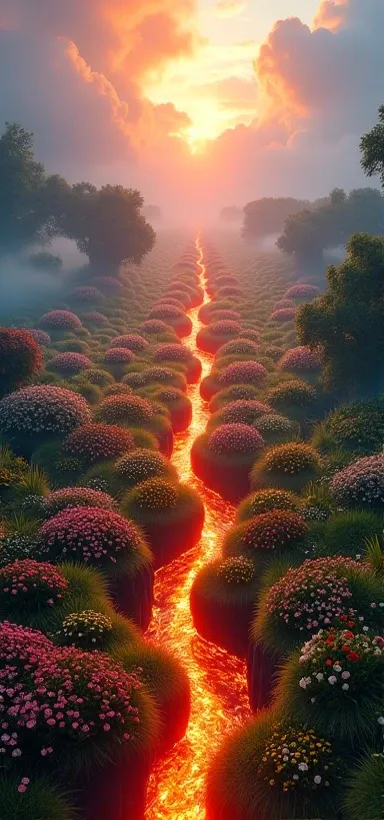 "A breathtaking cinematic aerial view, perfectly split down the center. On the left: hellish molten lava rivers glowing in fiery...