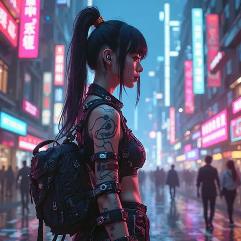 Japanese girl in synthwave town