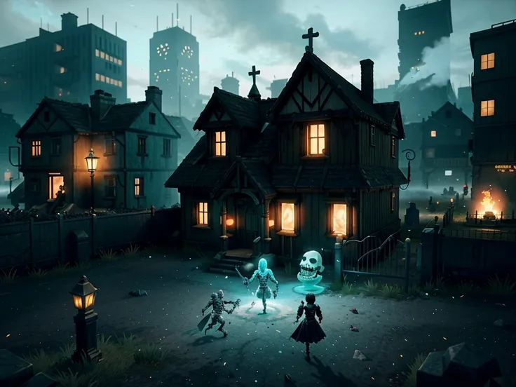 an ARPG isomorphic view of a gothic city, graveyard with piked fences.  The buildings glow cyan with stylized cyan glowing steam...