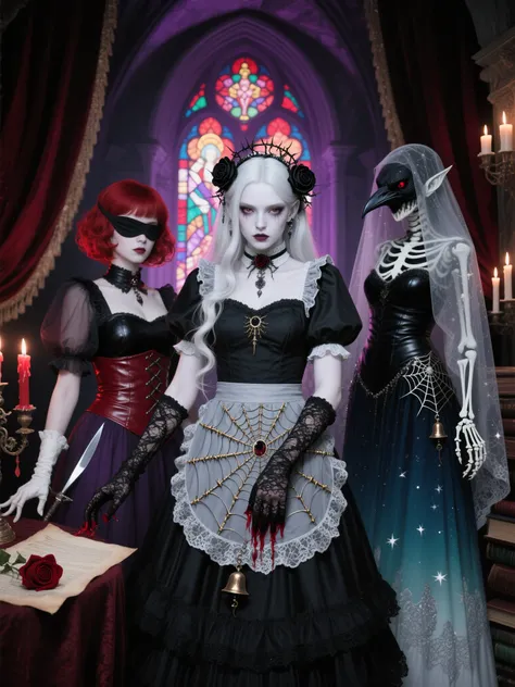 A mysterious and bizarre illustration of a "maid cafe"。The scene is set on a clifftop、Deep in the ancient castle shrouded in ete...