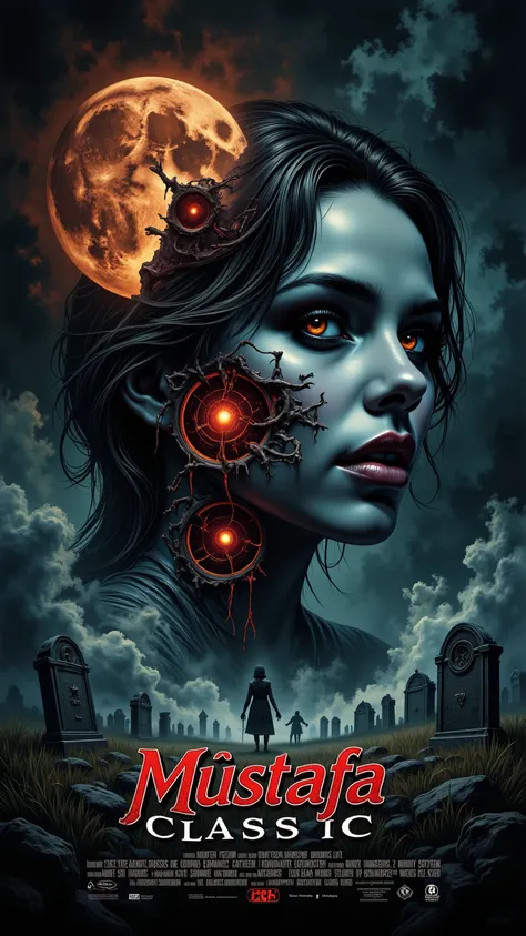 **"MUSTAFA CLASSIC" - Surreal Horror Poster**  

**The Scene:**  
A graveyard bathed in unnatural moonlight, where thick fog cur...