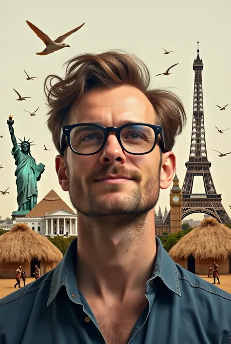A picture of a man wearing glasses, and behind him are world landmarks (the Pyramids, the Eiffel Tower, the Statue of Liberty, A...