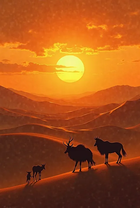 Endless dunes, golden sunsets, wild animals in silhouette, distant tribal drums, warm wind