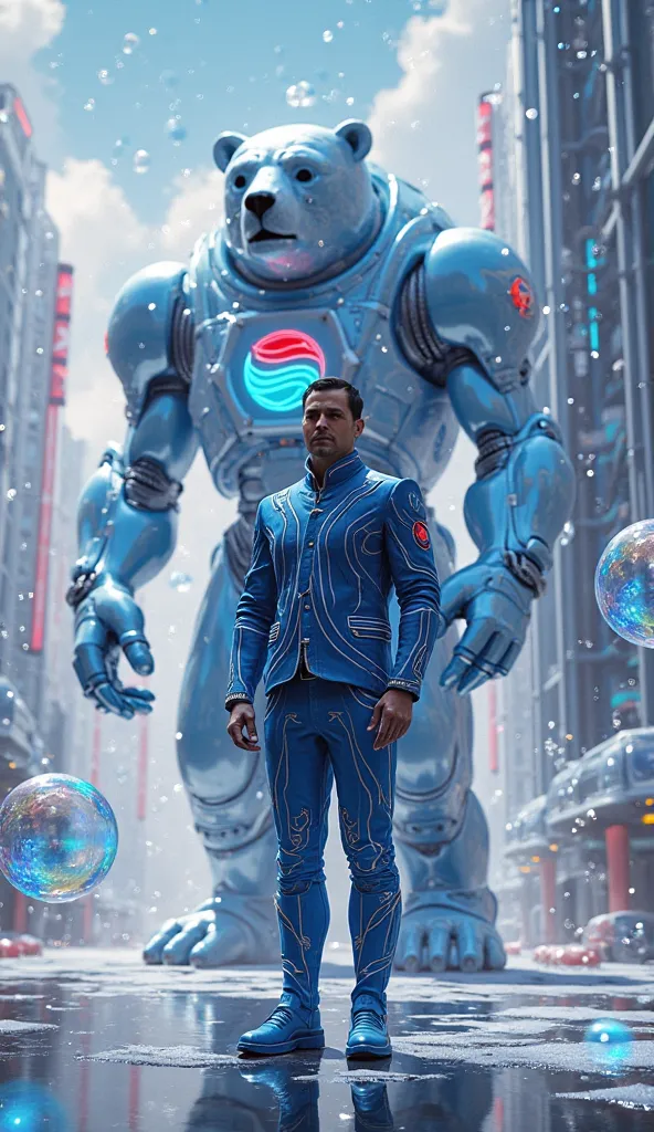 A dazzling chrome cityscape with bubbles rising into the skyline and liquid holograms dancing in the air. Ramon Laguarta wears a...