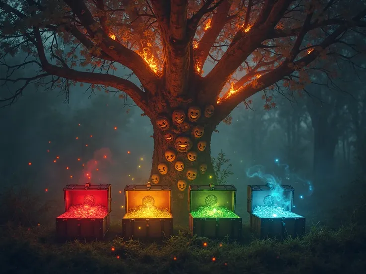 YouTube preview showing 4 open chests red yellow green and blue behind A burning tree with a layer of smiling against the backgr...