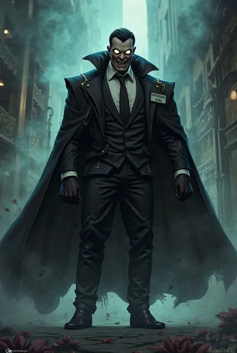 Cartoon supervillain with a big cape and glowing eyes steps out of shadows  
Name tag says "Dr. Chaos", background smoky and dra...