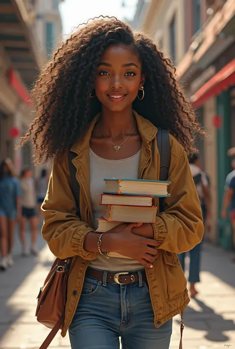 create a realistic image of a girl, negra, with curly and long hair, walking along the sidewalk, with a beautiful smile on its f...