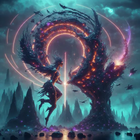 "An ancient and enigmatic box, carved with mystical symbols and glowing with an otherworldly light, floats in a dark, foggy envi...