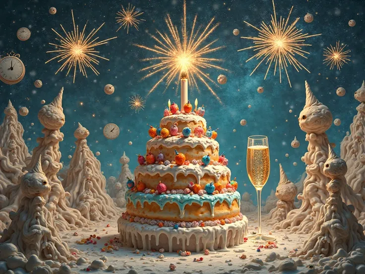 Create a holiday card.  For a birthday . In the style of Marina Abramovic, Salvador Dali and Leonardo da Vinci. with cake, with ...