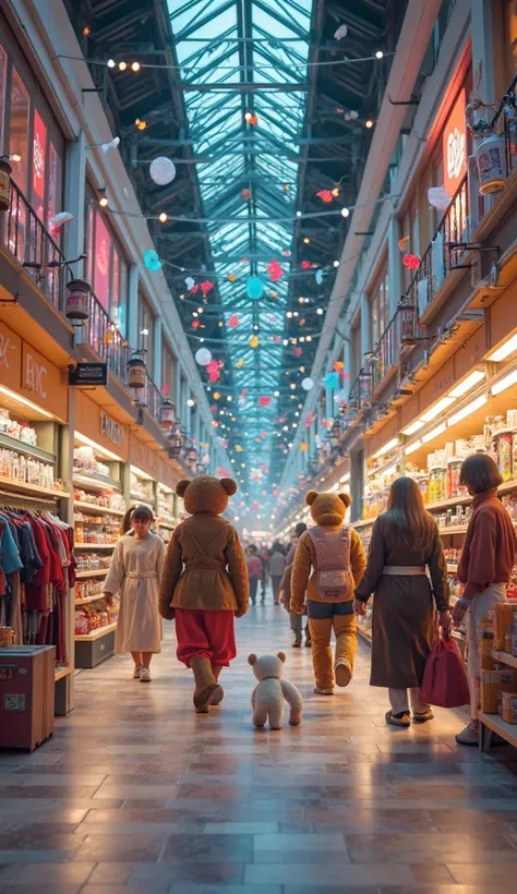 fantasy scene in shopping mall where every object has come to life. Store items — from clothes, electronics, toys, groceries Sho...