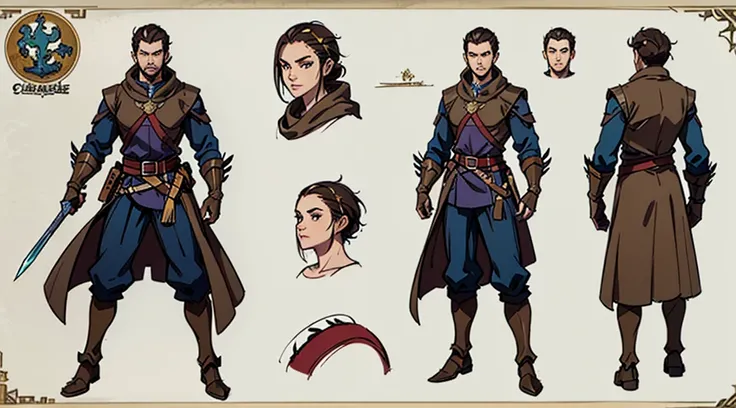 Close-up of a man in a beginner medieval warrior costume , ((character concept art)) , ((Character design sheet , same character...