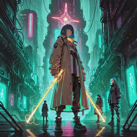 Anime cyberpunk mage man. Striking dark blue hair, perhaps with subtle integrated glowing strands or a sleek, futuristic cut. Pi...