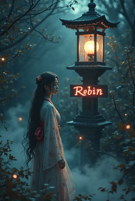 There's a lantern tower in a dark place, and make a sexy manga character of a pretty woman with long hair wearing a kimono and w...