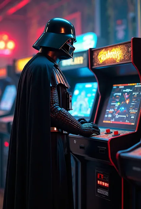 darth bader playin sapce invader in a classic arcade 