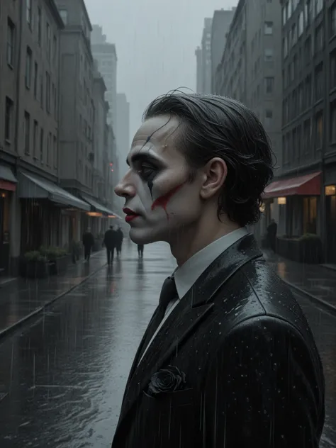 Joker character , profile picture, he holds a black rose in the rain, character from the waist up, realism, hyperrealistic, fict...