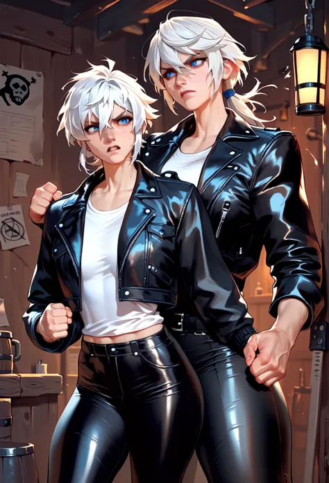 An Elezen woman of about 30 years of age with white hair, blue eyes, low ponytail, resembling Alisaie, wearing a white shirt wit...
