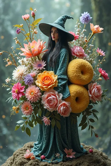 side a flower bouquet made from a witch and a bombril, With detergent on the