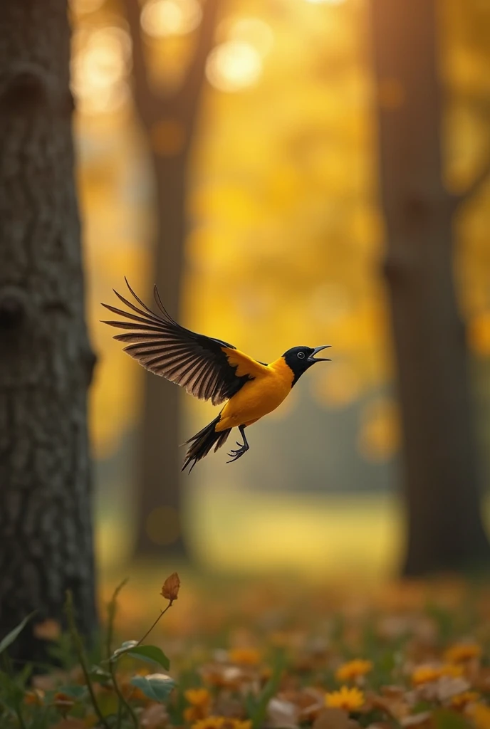 8K hyper-real image of a male Eurasian Golden Oriole mid-flight between poplar trees, its brilliant yellow body and black wings ...