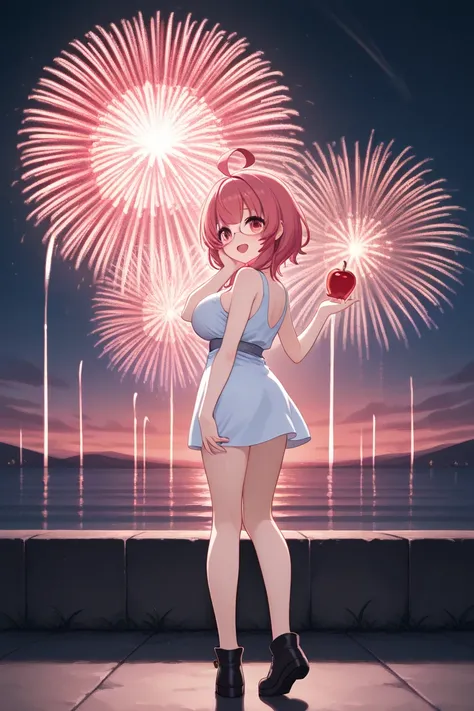 Akari Yumeno、dark pink hair、detailed eyes、red eyes,、MEDIUM busty, (break ahoge), droped breasts,one girl,have big candyapple,bac...