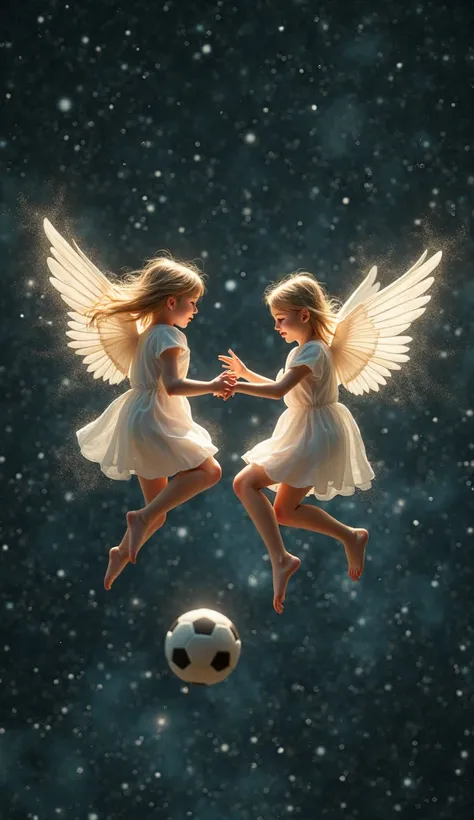 Two angel girls playing soccer in space without clothes