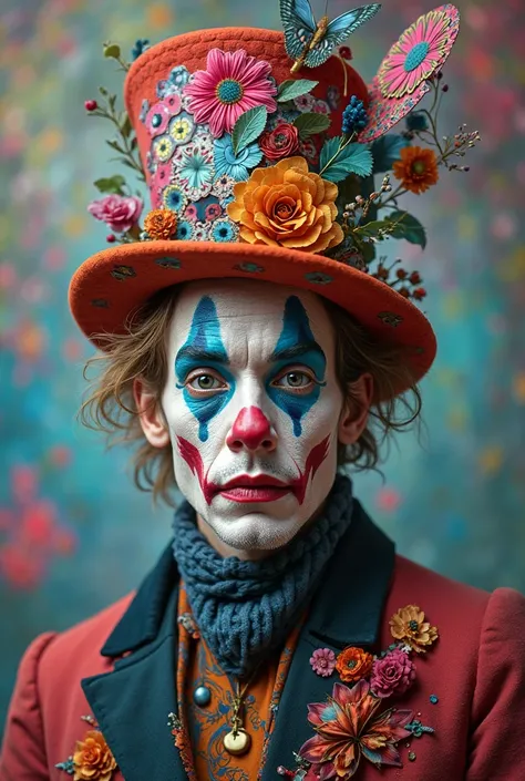Alexander Skarsgård characterized as "The crazy hat" full body,Colourful makeup,Vibes from Alice in Wonderland 