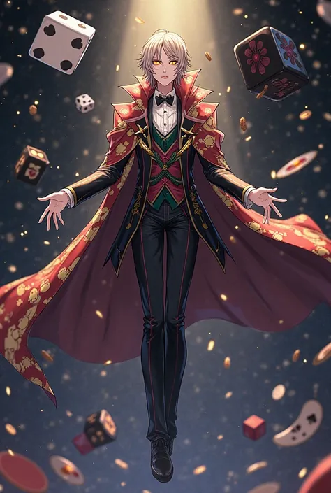 Anime style matching Made in Abyss or Mushoku Tensei. Androgynous man with a long, lean build and glowing mismatched eyes—one go...