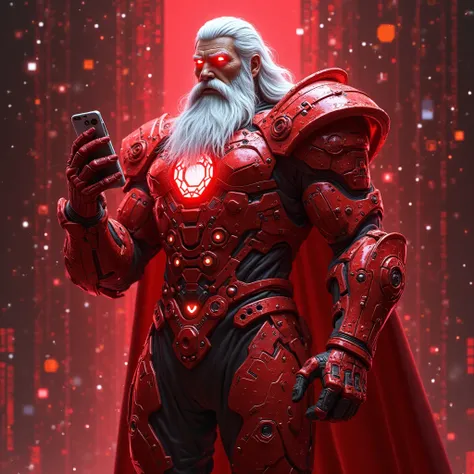 A powerful digital god with long white hair and beard, glowing red eyes, wearing high-tech red cyber armor adorned with intricat...