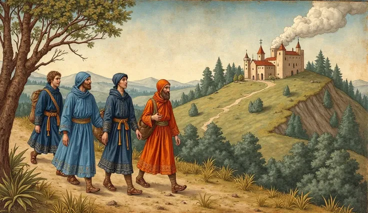 A travel group of four in mixed indigo and russet cloaks walking a woodland trail as one veers off toward a monastery on a hill,...