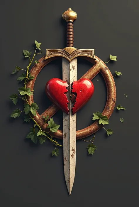 Superimposed over the sword is a brown, golden  prohibition symbol, resembling a 'no entry' sign, with a diagonal line crossing ...