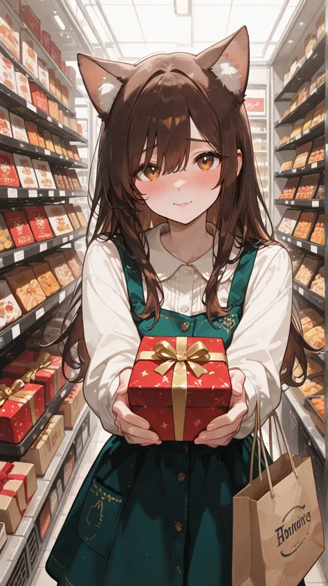 Cute girl, cat ears (white ear hair), long brown hair, beautiful face, shy face, red cheeks, dress, holding many shopping bags i...