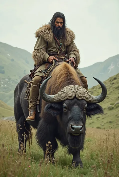 The buffalo rider is eating grass 
