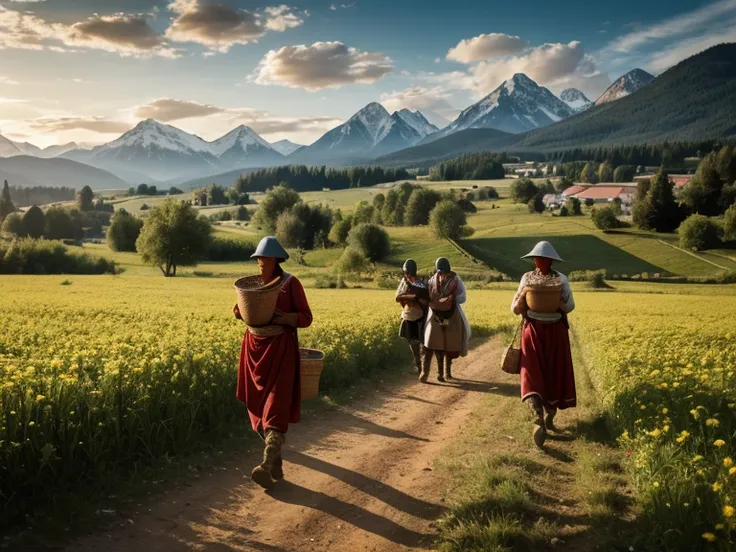 “Peasants displaced by soldiers leaving their land, with traditional seeds in their hands, rural landscape with mountains in the...
