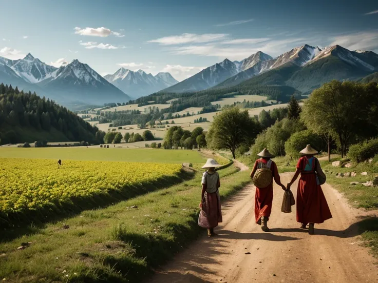 “Peasants displaced by soldiers leaving their land, with traditional seeds in their hands, rural landscape with mountains in the...