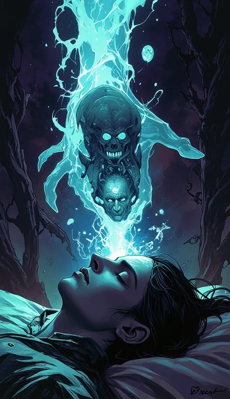 Beautiful female sorcerer hand  open above sleeping man's head grabbing his nightmares, hand down with spread fingers, hand suck...