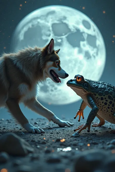 A video of a dog and a frog fighting in the moon