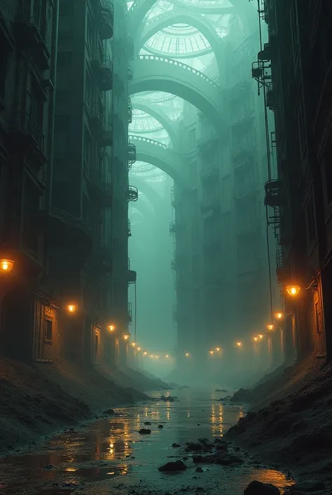 Generate images of different parts and spaces of Of course.  Then , I present to you a city **Dystopian **  fictitious , reflect...