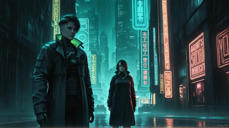 dystopian city at night, syndicate 1993 cyberpunk style, green neon lights, rain, agents in trench coats with visors, techno cit...