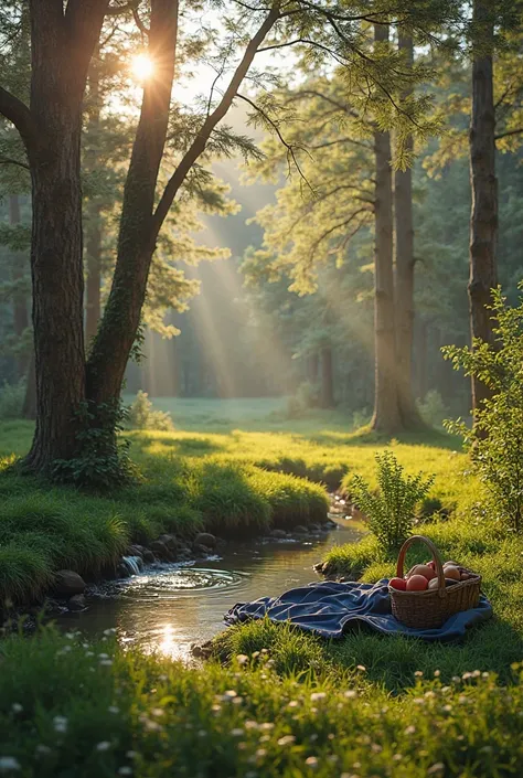 A serene, secluded meadow surrounded by tall, ancient trees with delicate, sparse foliage that lets through soft beams of golden...