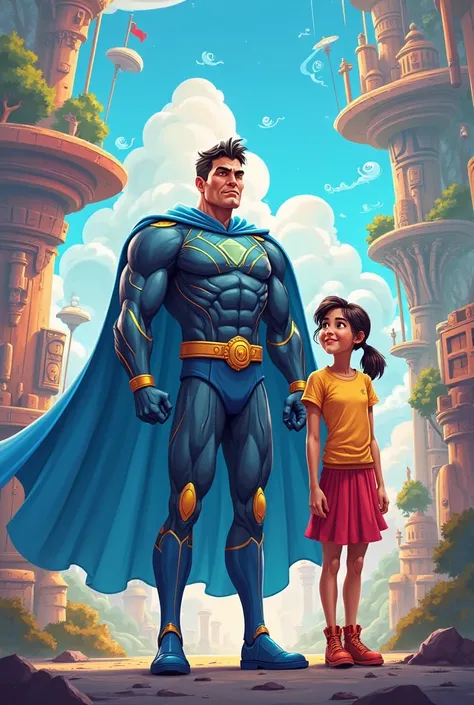 a superhero named Aeromax with a blue cape and a girl named Eliza from a cartoon