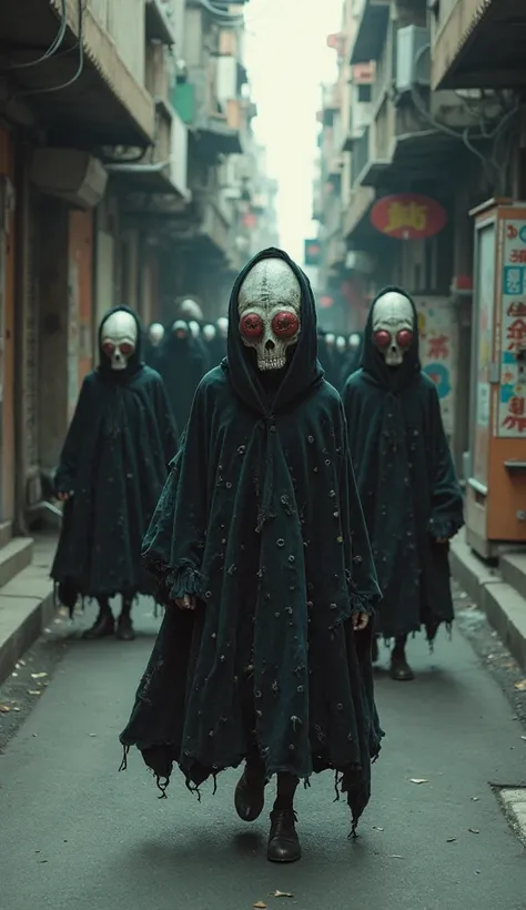 The creatures wear cloaks of living velvet that shift with crawling patterns. Their heads are shaped like oversized, blind fish ...