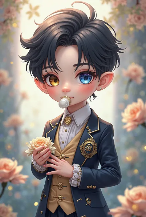 Create a little anime man using a pacifier with black hair and heterochromic eyes, a gold one and a blue one wearing an elegant ...